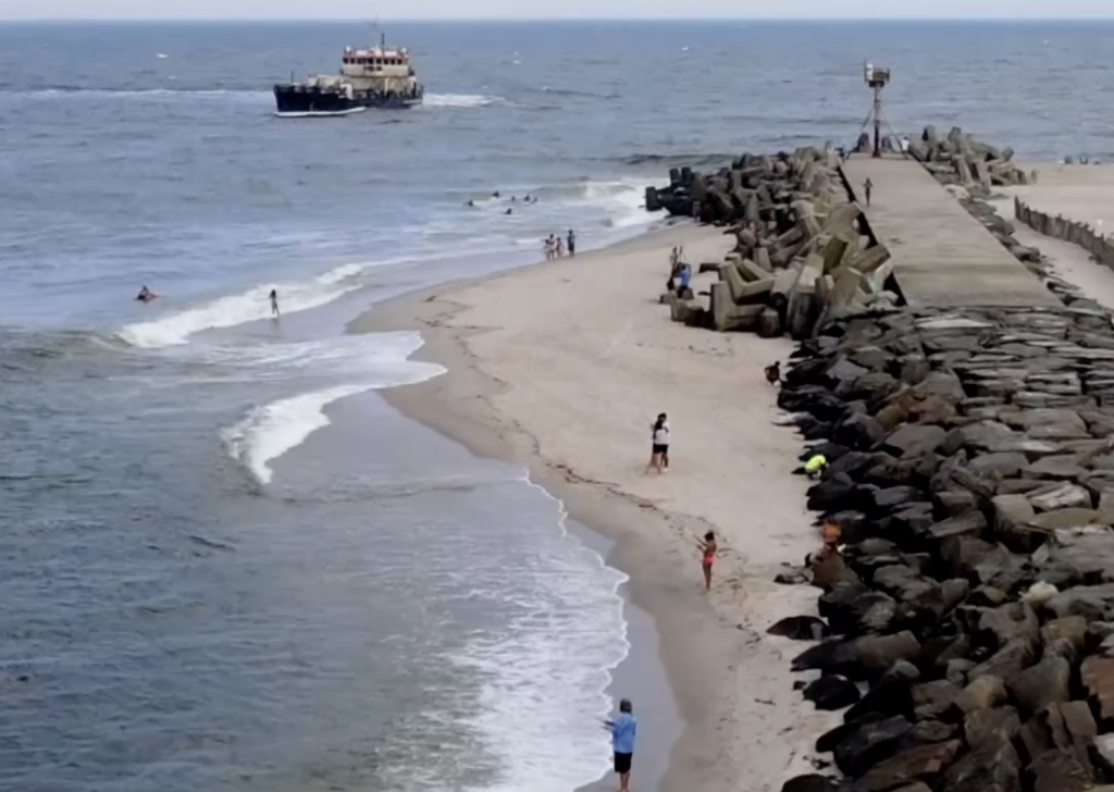 A screenshot captured from the Instagram page 'Shore Boats,' which has been following shoaling at Manasquan Inlet. (Video Below)